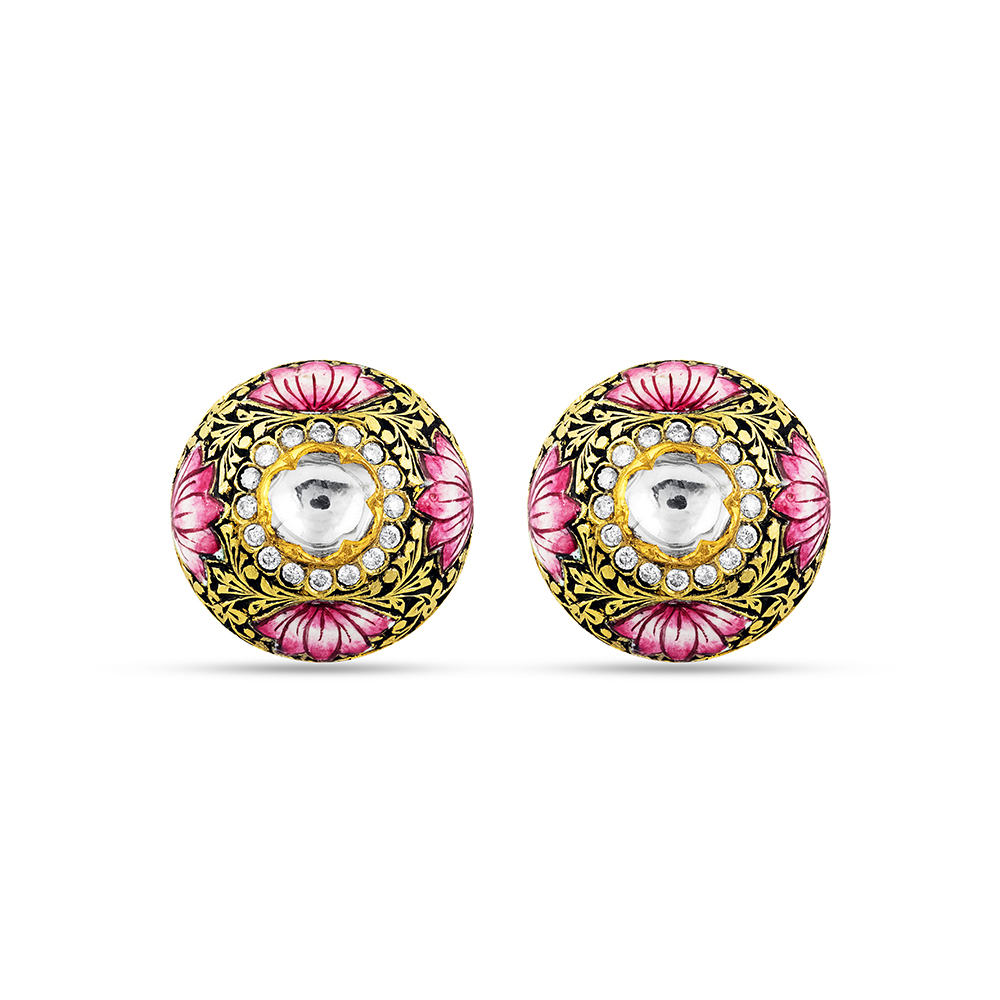 Partash Studs with Polki, Full-Cut Diamonds, and Lotus Enamel